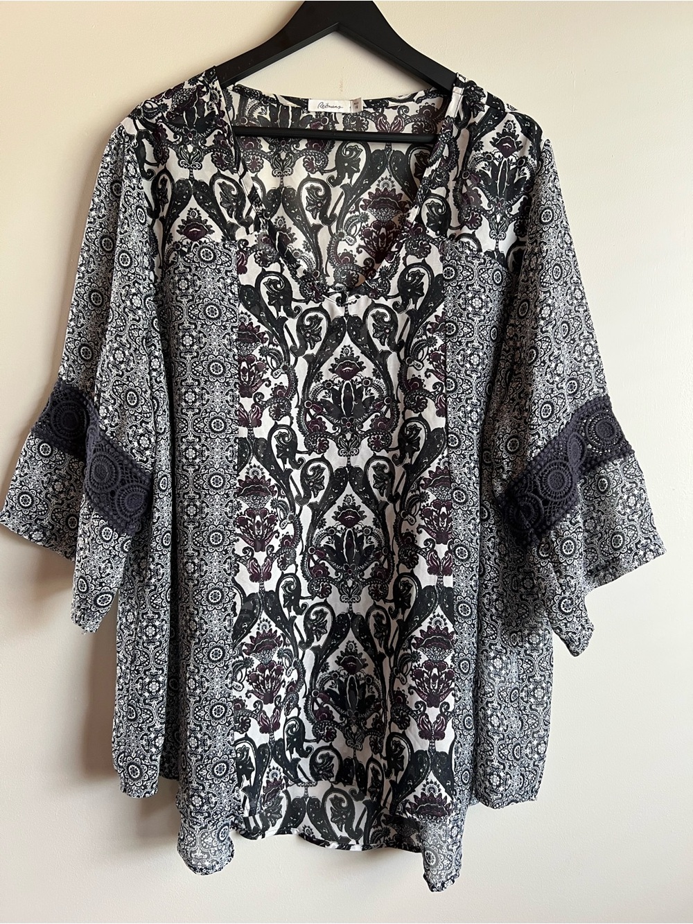 Reitmans Plus Size 18 Paisley Boho Blouse Crochet Bell Sleeve Tunic Top